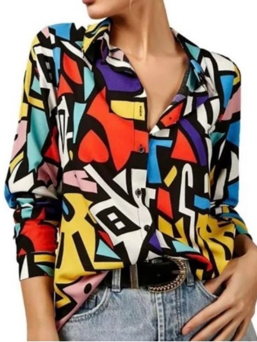Big Dart Colorful Retro Geometric Print Button Down Viscose Shirt